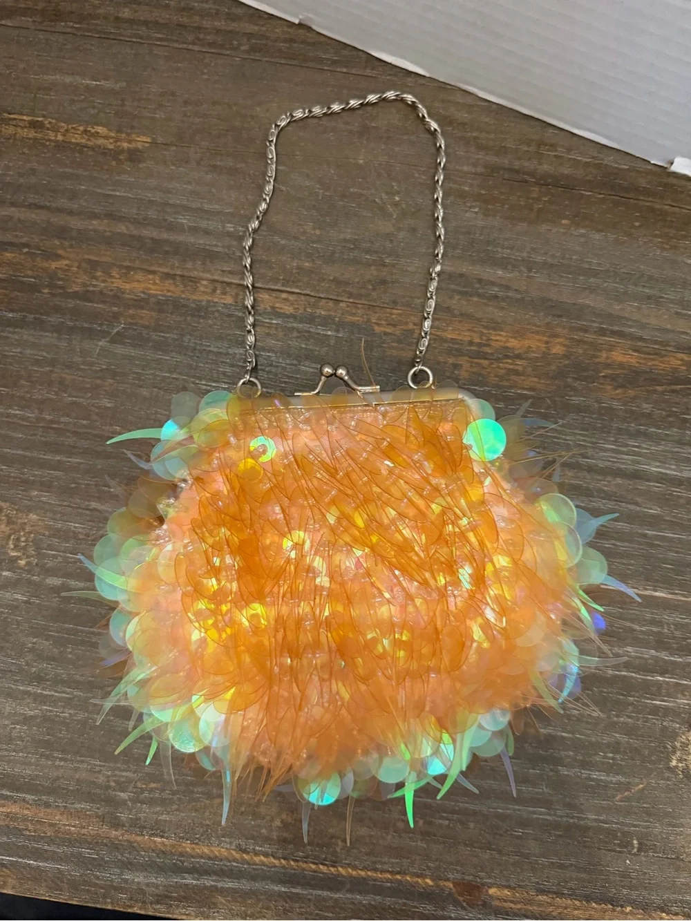 Retro Iridescent Orange Sequin Feather Evening Clutch